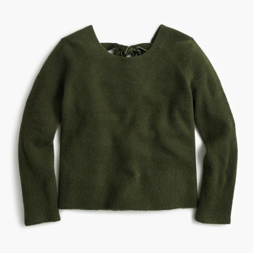 Jcrew-hthr-olive-V-back-Sweater-With-Velvet-Tie